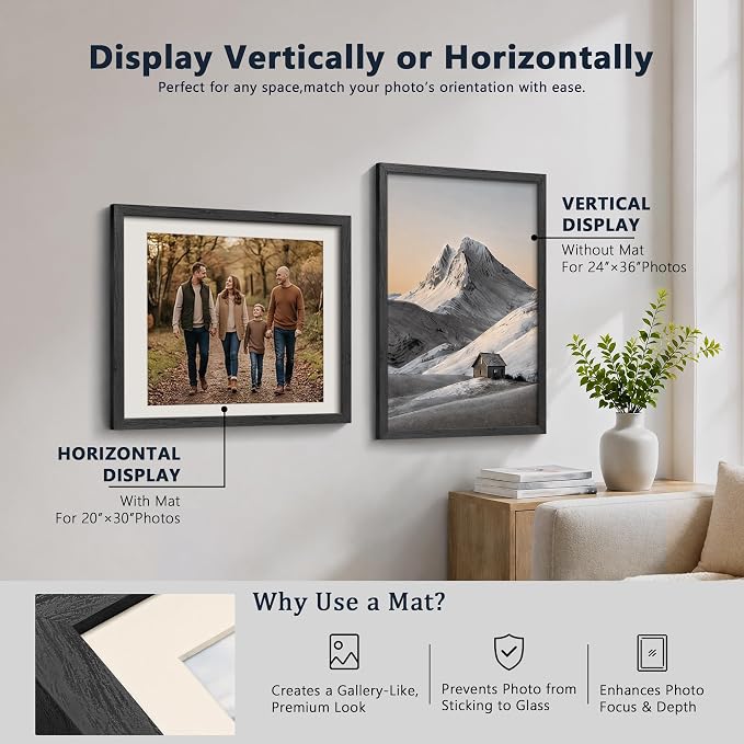 VCK 24x36 Picture Frames Black 3 Pack, Wide Border Solid Wood, Display 20x30 Poster with Mat or 24 x 36 without, for Home, Office, Gallery, Woodgrain Series, Wall Hanging
