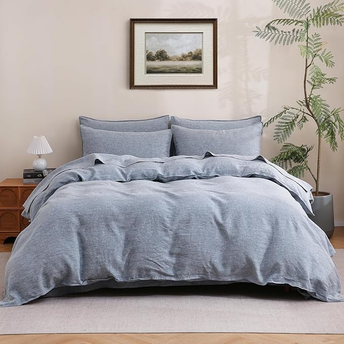 S VICTORY SYMBOL 100% Organic Linen Duvet Cover Set King Size,Natural French Flax Bedding Set 3 Pieces(1 Comforter Cover and 2 Pillowcases Envelope Closure) Yarn Dyed Blue Denim
