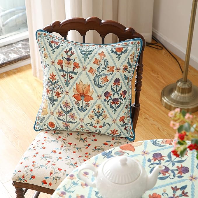ISAENNE Design Square Linen Throw Pillow Covers 18"x18" Pack of 2, Blue Floral Country Cushion Covers with Colorful Wildflower Pattern Decor Pillowcases for Bed,Living Room,Outdoor,Car