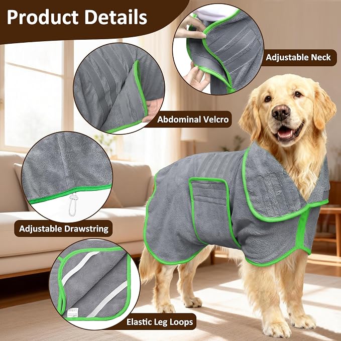 Soft Dog Bathrobe Fast Drying Dog Coat, Super Absorbent Dog Towels for After Bath, Microfiber Pet Robe Adjustable Collar & Belly Warm Keeping Dogs Coat for Pet Dogs & Cats (Grey, Medium)