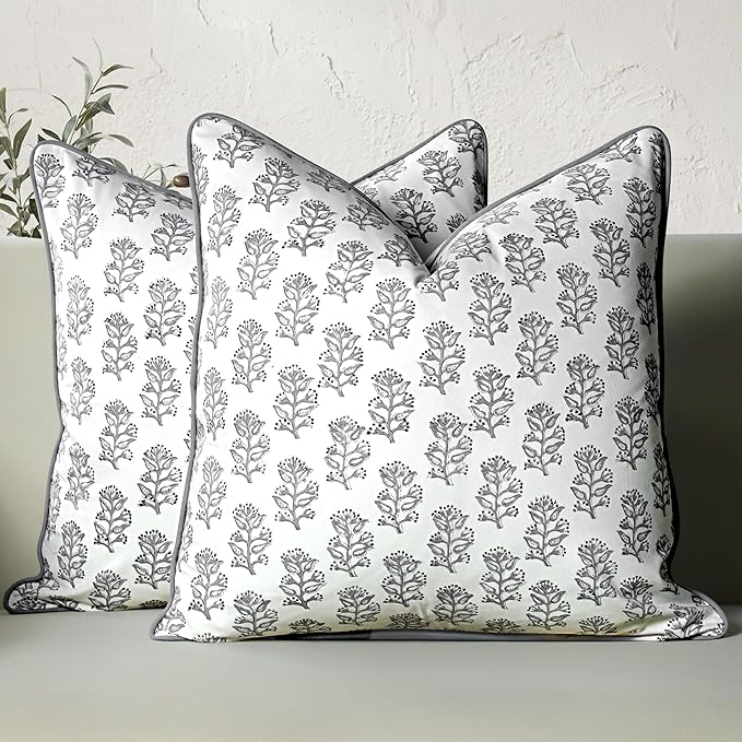 CPC 100% Cotton Throw Pillow Covers 18x18 Inch, Set of 2 Pink Block Print Pattern Couch Pillow, Cute Boho Decorative Pillows for Living Room, Bedroom with Hidden Zipper- Misty Grey Floral