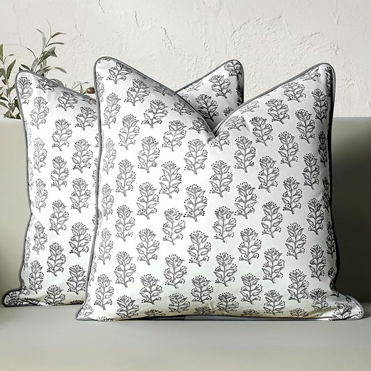 CPC 100% Cotton Throw Pillow Covers 18x18 Inch, Set of 2 Pink Block Print Pattern Couch Pillow, Cute Boho Decorative Pillows for Living Room, Bedroom with Hidden Zipper- Misty Grey Floral