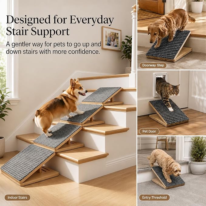 2 Pack Dog Ramp for Stairs - Solid Wood Adjustable & Foldable Pet Ramps, 3 Heights, Non-Slip Silicone Base & Traction Felt, 35lb Capacity, Indoor Stairs & Porch