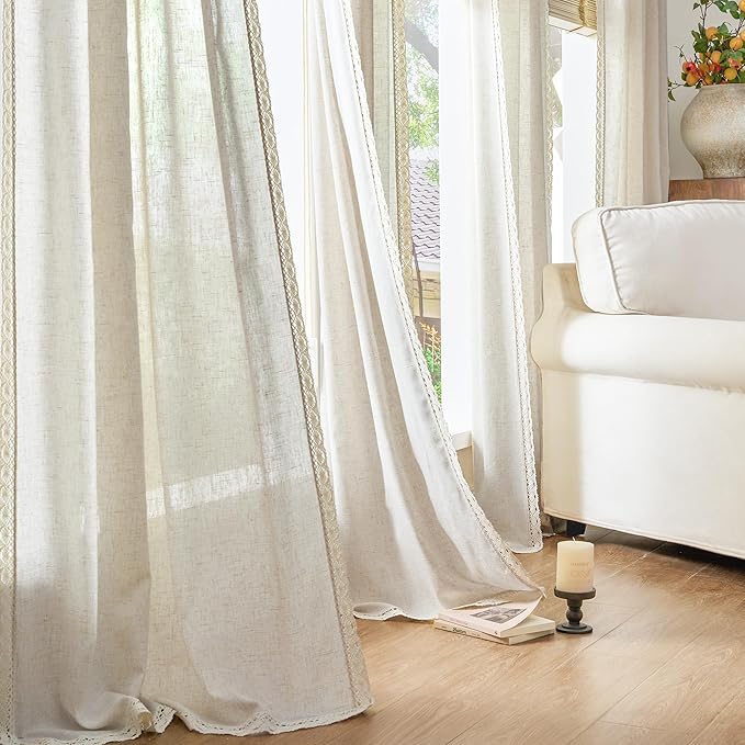 jinchan Linen Curtains for Living Room Bedroom Light Filtering Semi Sheer Curtains Boho Farmhouse French Country Cottage Core Decor Window Drapes Back Tab 63 Inch Length Laced Beige