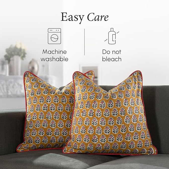 CPC 100% Cotton Throw Pillow Covers 18x18 Inch, Set of 2 Yellow Block Print Pattern Couch Pillow, Cute Boho Decorative Pillows for Living Room, Bedroom with Hidden Zipper- Yellow Citrine