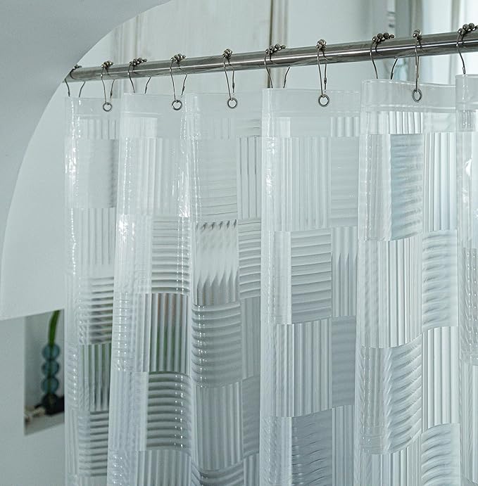 Clear Shower Curtain Liner with Design, 100% EVA Vinyl Heavy Duty Textured Transparent Waterproof Shower Curtains for Bathroom with 3 Large Magnets, Geometric 3D Pattern, 72 x 72 inch