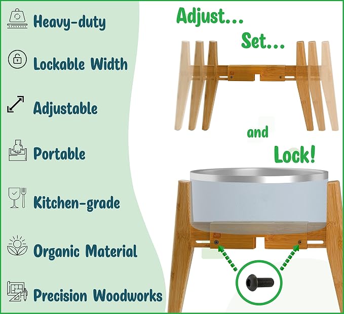 Dog Bowl Stand (14-inch High) - Ideal for Large Breeds, Use to Elevate, Raise Pet Dishes, Water Fountains and Slow Feeders - Adjustable Sideways, Bamboo - (Bowls not Included)