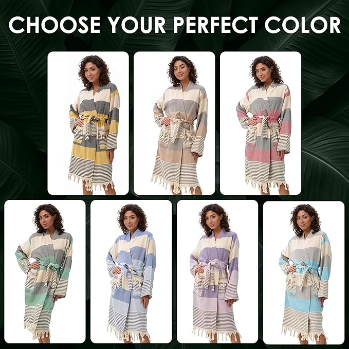 ATANI 100% Turkish Cotton Bathrobe S-XXL for Women & Men – Peshtemal Style Soft Cozy Lounge Robe, Absorbent & Lightweight