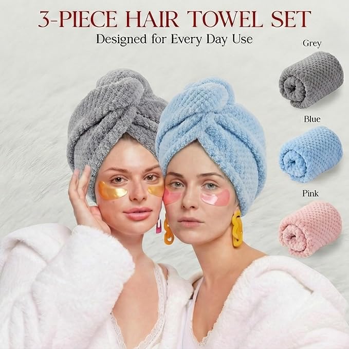 3 Pack Microfiber Hair Towel Wrap for Women 26 x 10 in | Hair Drying Towel with Button |Hair Turban Towel Quick Dry Coral Fleece Head Towels (Pink + Blue + Grey)