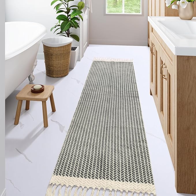 Lahome Belle Boho Hallway Runner Rug, 2x7 Kitchen Runners Rug Washable Bath Rugs for Bathroom Woven Cotton with Tassels, Farmhouse Carpet Non Shedding Grey Rugs for Bedroom Laundry