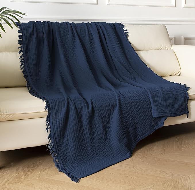 KyraHome 100% Organic Cotton Throw Blanket, 50"x60", Pre-Washed Plant Dyed, Breathable, Lightweight Gauze Muslin Blanket for Adult, Couch, Bed, Travel, All Season (Navy)