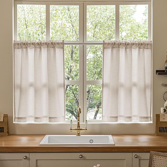 Linen Kitchen Cafe Curtains 30 Inch Length for Farmhouse Room Small Window Boho Semi Sheer Light Filtering Rod Pocket Privacy Short Drape 2 Panels Tan Beige Light Coffee W30xL30