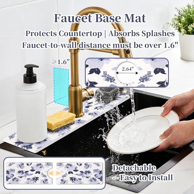 3 PCS Stone Dish Drying Mat for Kitchen Counter, Quick Dry Foldable Stone Dishes Mats, Water Absorbing Diatomaceous Earth Drying Organizer for Dishes Bottles, Cups and Tableware (Blue)