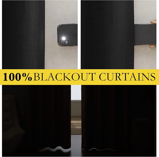 NICETOWN Black Truly Blackout Linen Blend Flax Drapes for Office, Vintage Back Tab 100% Blackout Curtains with White Liner Backing for Kitchen Dorm Window（Set of 2, 52" Wide x 63" Long