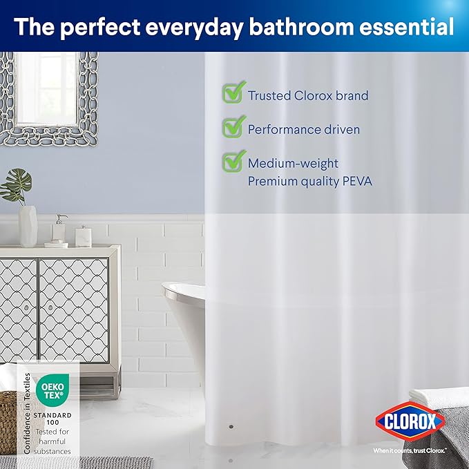 Clorox Shower Curtain Liner, Premium Medium-Weight Durable Waterproof 6g PEVA for Bathroom with Weighted Magnets, Standard Size 72" x 72", Frosty 2 Pack