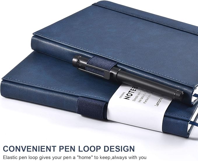 Lemome Thick Classic Notebook with Pen Loop - A5 College Ruled Hardcover Writing Notebook with Pocket + Page Dividers Gifts, Banded, Large, 180 Pages, 8.4 x 5.7 in