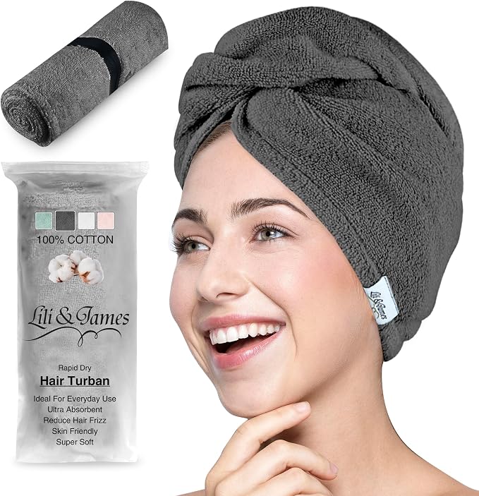 Lili&James Cotton Hair Towel Wrap for Women/Kids | Quick Dry, Soft & Absorbent 420 GSM Hair Wrap Towels with Double Button | Anti Frizz, Non Microfiber Hair Turbans for Curly, Long Hair (Grey)