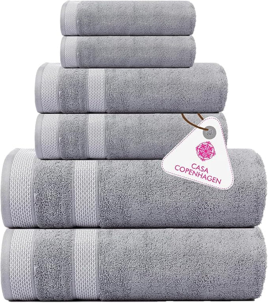 CASA COPENHAGEN Solitaire 6Pcs 100% Egyptian Cotton Large Designer Towels Gift Set- Silver, 600GSM, 2Bath 2Hand 2Washcloths, Bath Towels for Bathroom Set for Women & Men