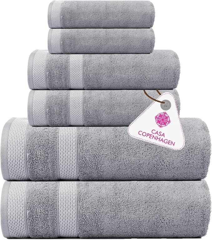 CASA COPENHAGEN Solitaire 6Pcs 100% Egyptian Cotton Large Designer Towels Gift Set- Slate Violet, 600GSM, 2Bath 2Hand 2Washcloths, Bath Towels for Bathroom Set for Women & Men