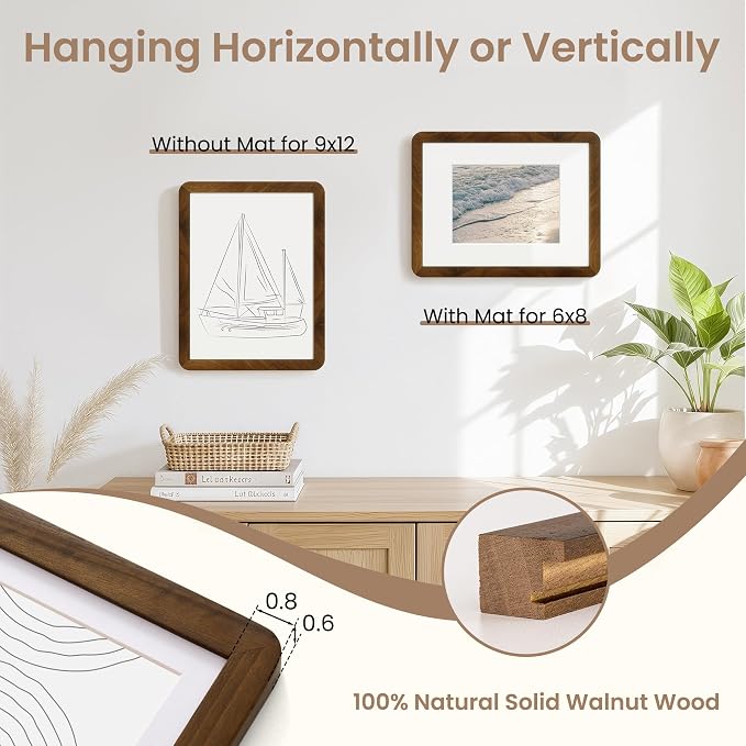 Fun Memories 9x12 Picture Frame - Solid Walnut Wood Frame with Real Glass, 9x12 Wooden Frame with Mat for 6x8, Perfect for Horizontal or Vertical Hanging by Wall, Natural Walnut