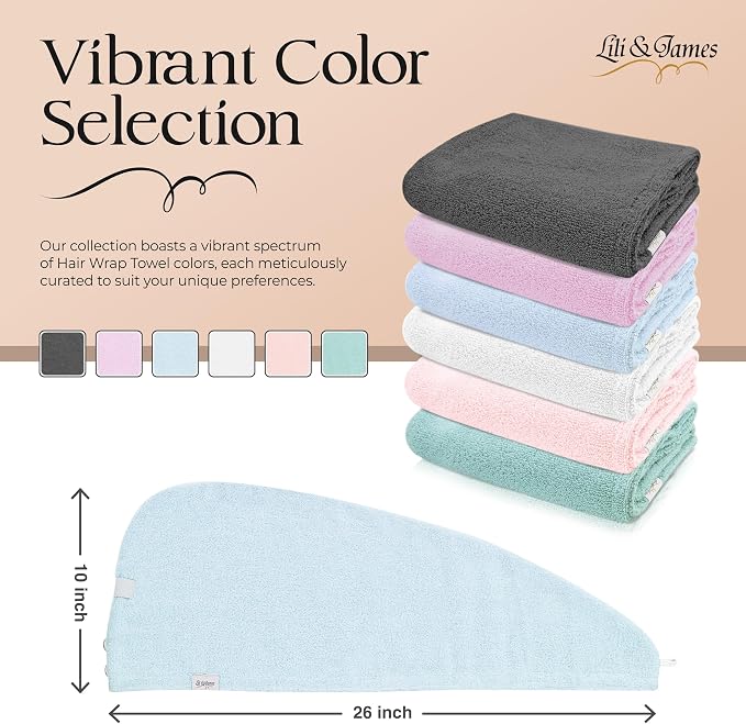 Lili&James 100% Cotton Hair Towel Wrap for Women & Kids – 420 GSM Quick Dry Hair Turban with Double Button Loop, Anti Frizz Non Microfiber Hair Drying Towel for Curly, Long & Thick Hair (Blue+Pink)