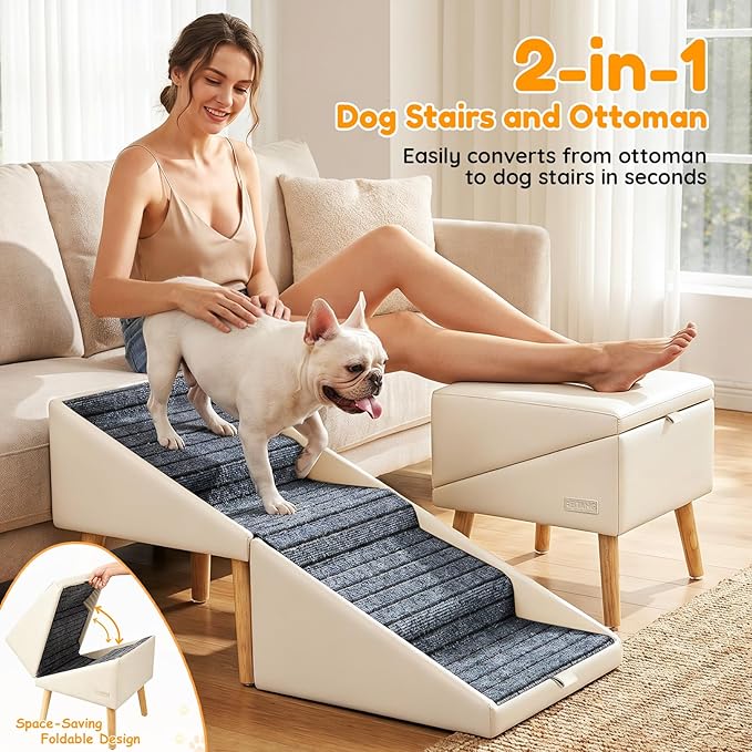 17" H Dog Stairs for Small Dogs – 4-Step Non-Slip Dog Ramp for Couch, Foldable 2-in-1 Pet Stairs & Ottoman, Upgraded Pet Steps for Puppies, Senior Dogs & Injured Pets, Solid Wood Frame (Beige)