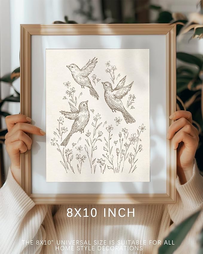 Vodefoad Sketch Bird Vintage Wall Art Retro Nursery Flying Bird Art Print Neutral Cottagecore Nursery Decor Farmhouse Rustic Birds Wall Decor for Gallery Nursery Bedroom Bathroom Office - 8x10Inch Unframe