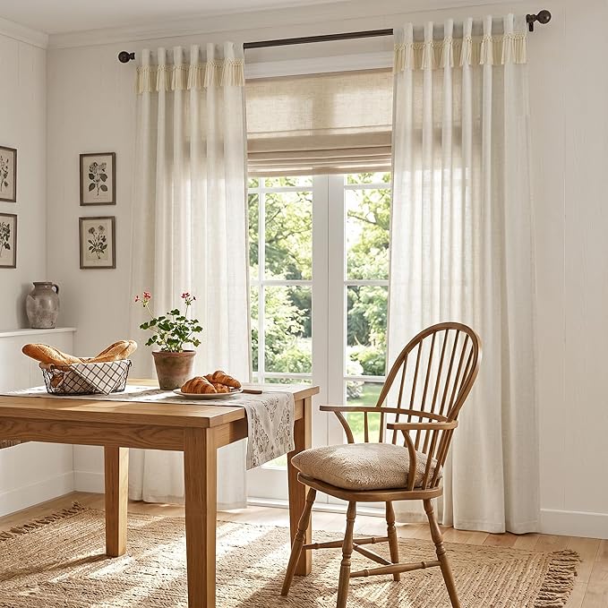 jinchan Linen Curtains for Living Room Bedroom Light Filtering Semi Sheer Curtains Boho Farmhouse French Country Cottage Core Decor Window Drapes Back Tab 84 Inch Length Tassel Beige