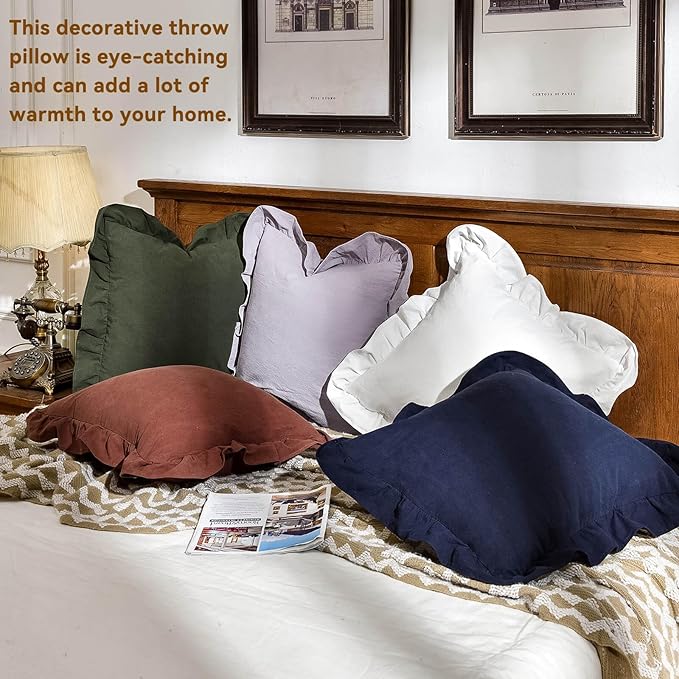 AmHoo Pack of 2 Throw Pillow Covers 100% Cotton Pre Washed Ruffle Decorative Pillowcase Cushion for Couch Sofa Bedroom 18 x 18-Inch Brown