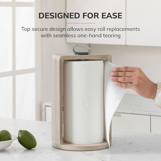 Anji Mountain Wooden Paper Towel Holder with Iron Holder, Holder Stand for Kitchen Roll Organizer & Kitchen Dining Table Home Décor, Countertop Fits Jumbo & Mega Rolls - Whitewash/Nickel, Top Load