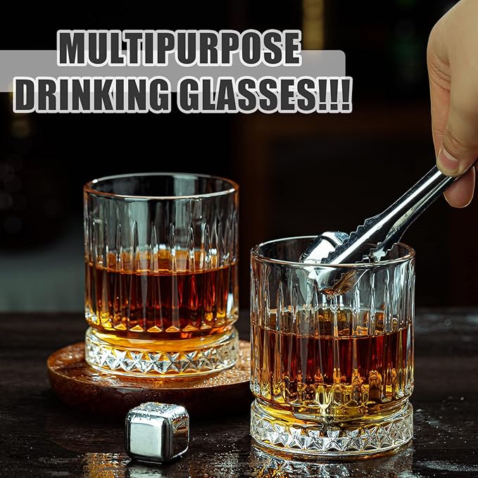 Crystal Drinking Glasses, Set of 8 Durable Glass Cups-4 Highball Glasses 15oz & 4 Rocks Glasses 12oz, Mojito Cups, Cocktail Glass, Bar Glassware Set for Cocktail, Beer, Whiskey