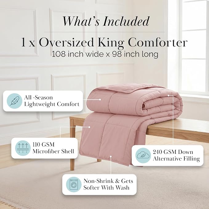 Southshore Fine Living, Inc. Oversized Pink Comforter King Size for Guest Room, Soft Pet Hair Resistant Bedding, California King Size Down-Alternative Comforter, Pastel Pink Bedding Comforters