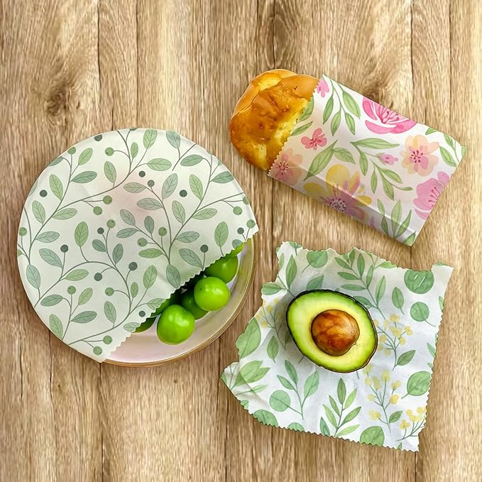 Reusable Beeswax Wraps, 9 Pack Plastic-Free Food Storage, Sandwich, Bread, Fruit Covers, Organic, Sustainable, Zero Waste, Biodegradable, 1XL, 3M, 5S, Pink Flowers and Green Leaves Print