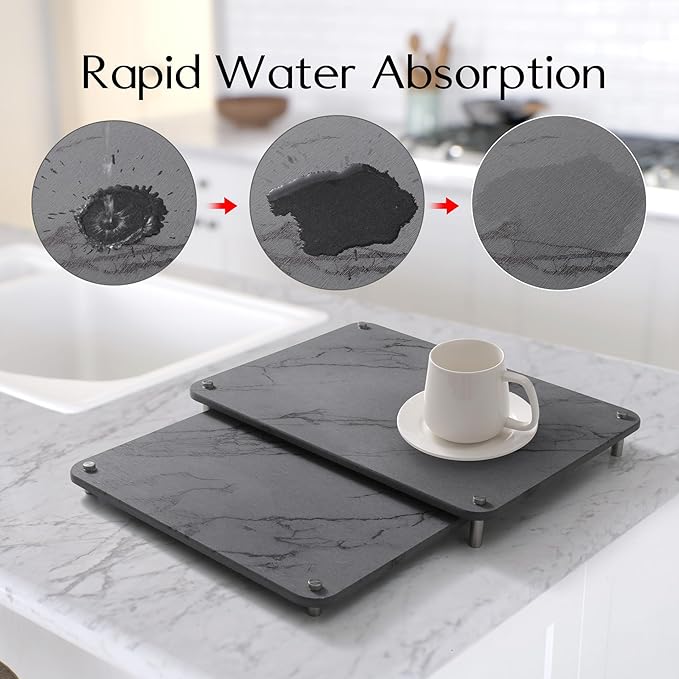 2-Pack Marble Dish Drying Mats for Kitchen Counter, Diatomaceous Earth (Diatomite) Quick-Dry Sink Countertop Pads for Dishes & Utensils, Non-Slip, Easy to Clean,Grey