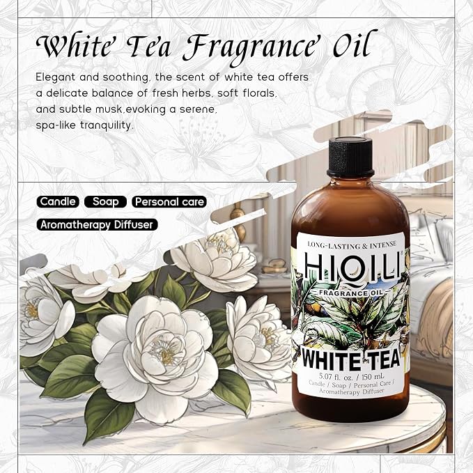 HIQILI White Tea Fragrance Oil for Reed Diffuser for Home - 5.07 Fl Oz | Hotel Collection Diffuser Oil, Long-Lasting Scent, DIY Candle & Soap & Perfume & Air Freshener Spray, Dropper Included