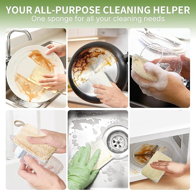 6 Pack Natural Loofah Sponges for Dishes, Loofah Kitchen Sponges with Cellulose & Cotton Loop, Natural Sponges for Dishes & Kitchen Cleaning