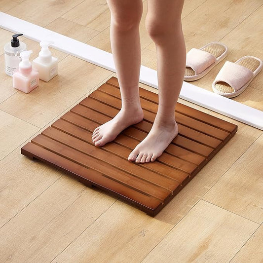 Bamboo Bath Mat for Shower with Non-Slip Rubber,Bathtub Mat,Floor Mat,Shower Mat for Indoor,Outdoor,Spa, Sauna, Pool (Brown, 20 * 20 * 1.4 inches)