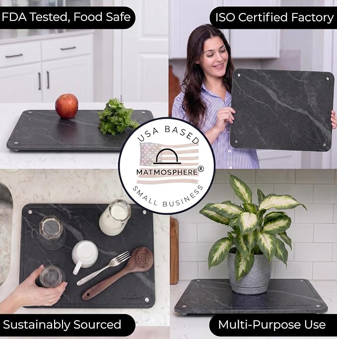 LARGE MATMOSPHERE Stone Dish Drying Mat for Kitchen Counter – Fast Absorbing Diatomaceous Mat with Stainless Steel Legs, Quick Dry, Dish Rack Mat, USA Small Business, 18”x14”, Slate Gray