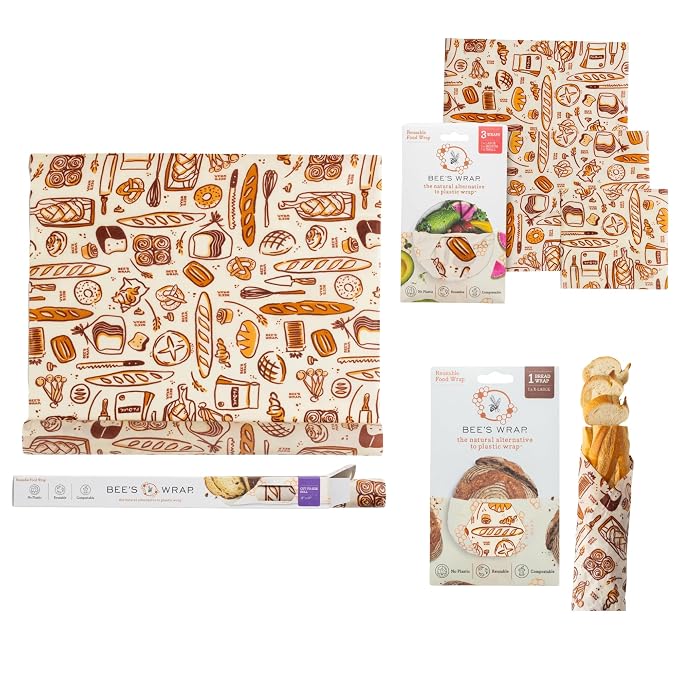 Bee's Wrap Bakery Lane Starter Kit - Beeswax Food Wraps Bundle Includes 1 Bread Wrap, 1 Cut to Size Roll & 3 Assorted Bakery Lane Wraps - Made in the USA Beeswax Reusable Wraps for Food