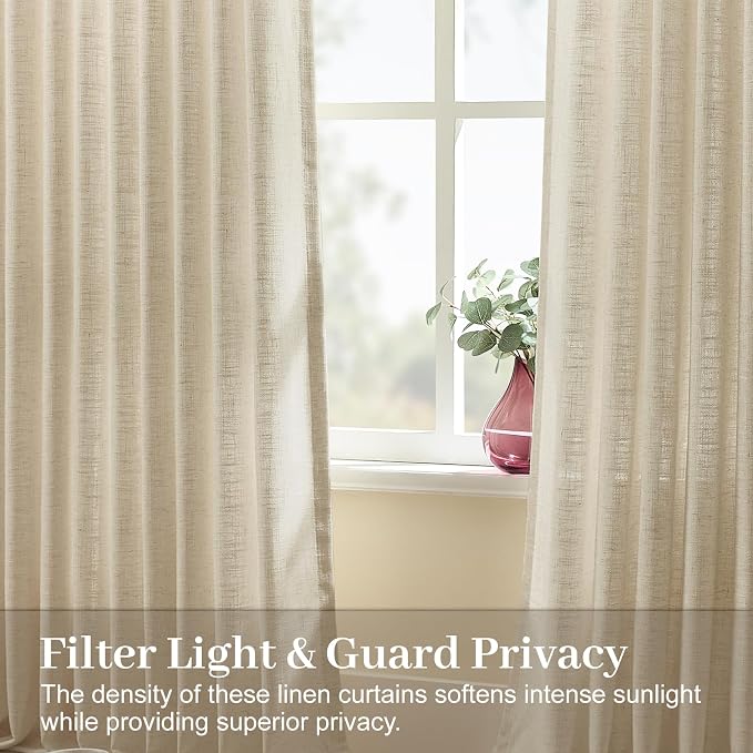 Pinch Pleated Linen Curtains 84 Inch Length 2 Panels Set, Light Filtering Linen Blend Sheer Drapes Memory Trained Pleated Curtain with Hooks Rings Back Tab for Bedroomm Farmhouse, Burlywood Birch