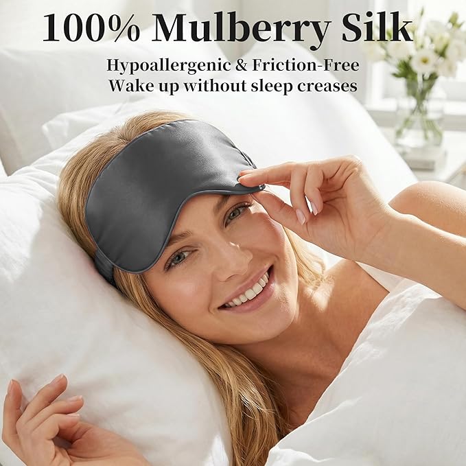 ZLYC 100% Mulberry Silk Sleep Mask Pressure-Free Eye Cover Soft Light Blocking Blindfold for Travel & Nap, Solid Gray
