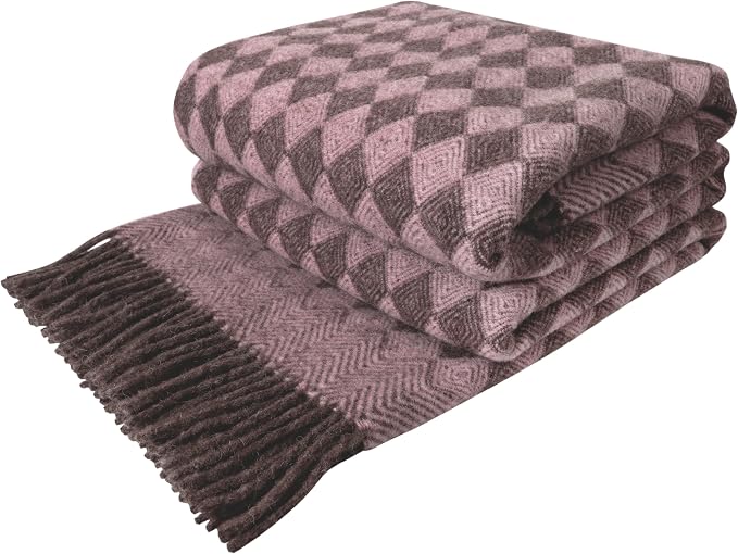 LYHome Wool Blanket 100% - Warm and Cozy Throw for Home Travel Outdoor Camping Picnic & Cold Weather, Decorative Blankets Couch Bed, Warmest Throws (55x79 in | Soft Pink - Brown Scandinavian Rhombus)