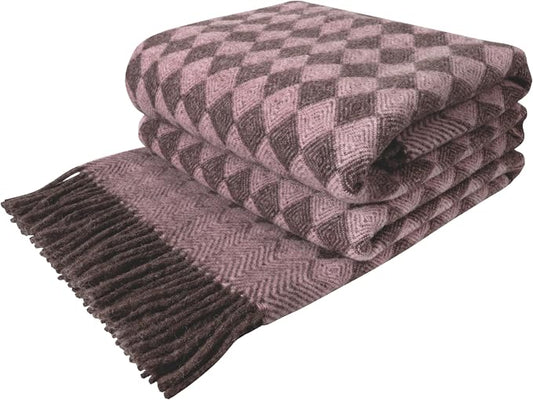 LYHome Wool Blanket 100% - Warm and Cozy Throw for Home Travel Outdoor Camping Picnic & Cold Weather, Decorative Blankets Couch Bed, Warmest Throws (55x79 in | Soft Pink - Brown Scandinavian Rhombus)