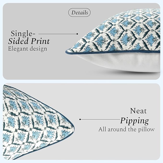 CPC Jeans Blue Block Print Throw Cushion Cover 18 x 18 Inch Set 2 - Decorative Boho Floral Pillow Case for Living Room, Bed, Sofa, Couch, Home Decor Cushion Cover Gift for Spring, Mother's Day