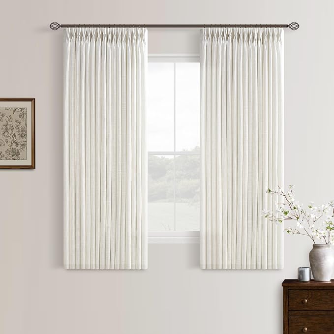 Pinch Pleated Linen Curtains 54 Inch Long for Kitchen with Rings Hooks Back Tab Light Filtering Boho Farmhouse Short Semi Sheer 54 Inch Cream Curtain for Dining Room Bedroom Small Window W50xL54