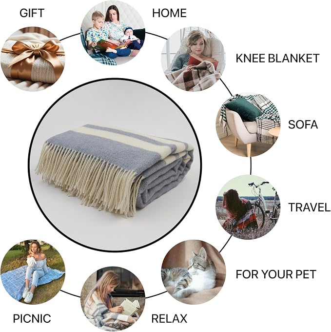 | Wool Blanket/Throw | 100% New Zealand Wool | Perfect for Home and Outdoors | Virgin Wool Blanket with Fringes 55"x79" (140 x 200 cm)