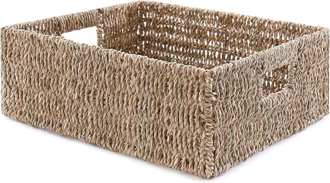 Handwoven Seagrass Storage Basket with Handles, Natural Woven Shelf Organizer Bin for Toys, Books, Closet and Home Storage (32cm/12.5'')