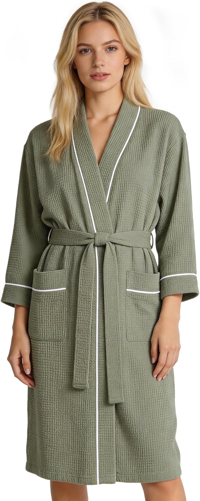 Inner Wish Women's Cotton Waffle Kimono Robe, Lightweight Quick Dry Spa Shower Robe with Pockets