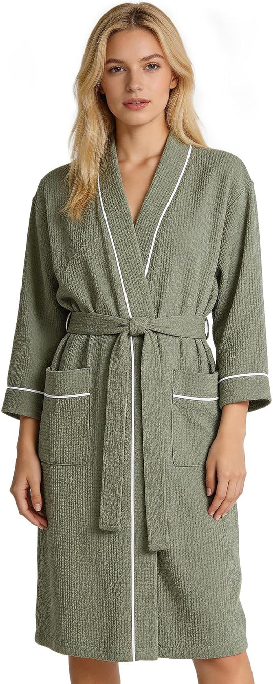 Inner Wish Women's Cotton Waffle Kimono Robe, Lightweight Quick Dry Spa Shower Robe with Pockets