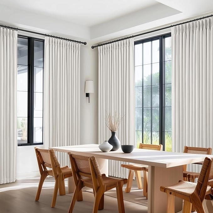 70 Inch Extra Wide Pinch Pleated Dual Layer Linen Living Room Curtains 102 Inches Long 2 Panels Set, Memory Trained Beige White Blackout Insulated Curtain with Back Tab Sliding Glass Door Viral Drapes